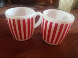 2 VINTAGE HAZEL ATLAS RED CANDY STRIPE WHITE MILK GLASS COFFEE CUPS  MUGS