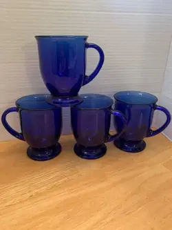FOUR ANCHOR HOCKING COFFEE TEA MUGS MUG COBALT BLUE GLASS FOOTED VINTAGE
