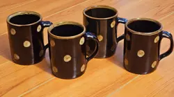 (4) MA HADLEY STONEWARE POTTERY VTG 50S HOT BROWN FLECK CREAM DOT MUGS 