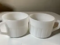 A PAIR OF VINTAGE FEDERAL RIBBED MILK GLASS COFFEE MUGS WHITE STACKABLE 8 OZ.