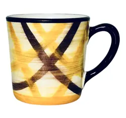 VINTAGE METLOX POPPYTRAIL VERNON ORGANDIE YELLOW BROWN PLAID EARTHENWARE MUG NEW