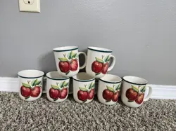 SET OF 7 VINTAGE CHINA PEARL CASUALS APPLE BLOSSOM STONEWARE MUGS 10 OZ