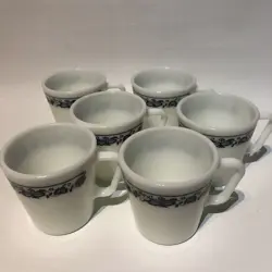 PYREX MILK GLASS VINTAGE OLD TOWN BLUE ONION 1410 COFFEE TEA CUP MUG LOT OF 6