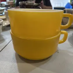 2 VINTAGE FIRE KING D HANDLE YELLOW STACKABLE SOUP MUG CUP BOWLS