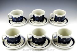 VINTAGE ARABIA FINLAND ANEMONE BLUE COFFEE MUGS CUPS AND SAUCERS SET OF 6