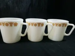 3 VINTAGE PYREX CORELLE BUTTERFLY GOLD COFFEE MUGS  CUPS D HANDLE