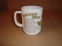 FIRE KING ANCHOR HOCKING HAPPY BIRTHDAY CHILD LYRIC MUG VINTAGE
