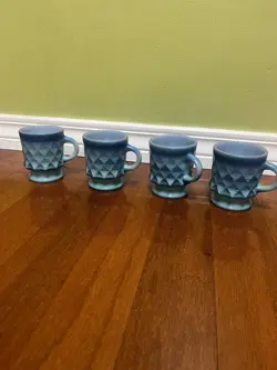 4 VINTAGE ANCHOR HOCKING FIRE KING BLUE STACKING KIMBERLY GLASS MUGS