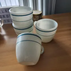 4 VINTAGE PYREX CORNING WHITE MILK WITH TEAL STRIPE COFFEE TEA MUG CUP # 723