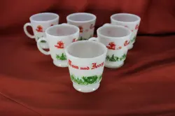 VINTAGE TOM & JERRY CHRISTMAS DRINK CUPS HAZEL ATLAS MILK GLASS HOLIDAY MUGS (6)