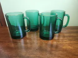 SET OF 4 VINTAGE LIBBEY JUNIPER GREEN GLASS COFFEE TEA MUGS WITH GOLD RIM