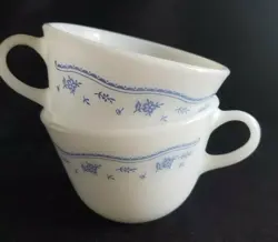 VINTAGE PYREX CORELLE CORNING MORNING BLUE COFFEE TEA CUPS MILK GLASS SET OF 2