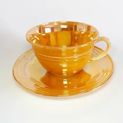 VINTAGE FIRE KING COFFEE CUP AND SAUCER PEACH LUSTRE LUSTERWARE MUG 1950S