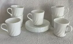 CORNING CORELLE ENHANCEMENTS WHITE SWIRL CUPS MUGS & SAUCERS SET OF 7 VINTAGE
