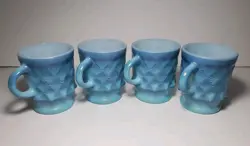 VINTAGE FIRE KING ANCHOR HOCKING BLUE KIMBERLY DIAMOND MUG SET OF 4