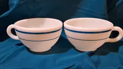 2 VINTAGE PYREX  RESTAURANT WARE COFFEE CUPS TEAL BLUE STRIPE 701 TABLEWARE