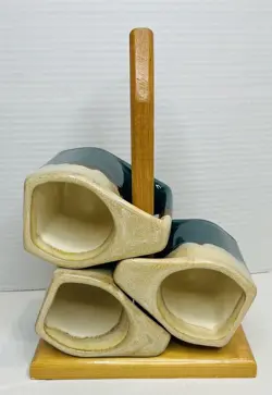 VINTAGE RODOLFO PADILLA COFFEE MUGS - SET OF 3 - WOOD STAND - DRIP GLAZE