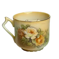 VINTAGE R S PORCELAIN MUSTACHE CUP SHAVING MUG, FLORAL ROSES, GOLD RIM