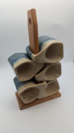 VINTAGE PADILLA STONEWARE DRIP GLAZE STACKABLE COFFEE MUG SET OF 5 WITH STAND