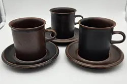 VINTAGE SET OF 3 ARABIA RUSKA FINLAND COFFEE CUPS & SAUCERS STONEWARE SET