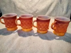 VTG SET OF 4 ANCHOR HOCKING FIRE KING ORANGE KIMBERLY DIAMOND COFFEE TEA MUG CUP