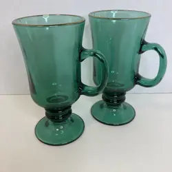SET OF  2 VINTAGE LIBBEY JUNIPER GREEN GLASS FOOTED IRISH COFFEE MUGS GOLD RIM