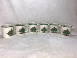 SET OF 6 VINTAGE SPODE CHRISTMAS TREE MUG CUPS , MADE IN ENGLAND
