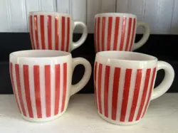 4 VINTAGE HAZEL ATLAS RED CANDY STRIPE MILK GLASS MUGS