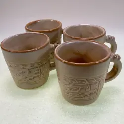 FRANKOMA POTTERY COFFEE MUGS 7C MAYAN AZTEC DESERT GOLD - SET OF 4 VINTAGE