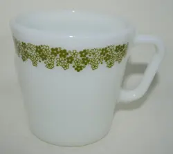 6 VINTAGE CRAZY DAISY PYREX MILK GLASS COFFEE CUPS SPRING BLOSSOM VTG MUGS GREEN