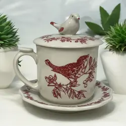 VINTAGE RED BIRD TOILE 3-PIECE MUG SET  ~ ELIZABETH TROSTLE FOR ANDREA BY SADEK