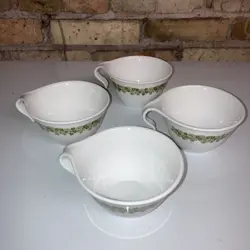 4 VINTAGE CORELLE CORNING SPRING BLOSSOM CRAZY DAISY HOOK-HANDLE COFFEE CUPS USA