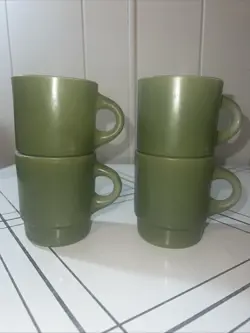 VINTAGE ANCHOR HOCKING FIRE KING AVOCADO GREEN COFFEE MUGS CUPS STACKABLE (4)