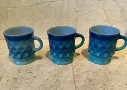VINTAGE SET OF 3 ANCHOR HOCKING FIRE-KING BLUE OMBRE KIMBERLY DIAMOND MUG