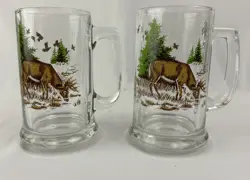 SET OF 2 VINTAGE LIBBEY WILDLIFE BEER MUG GLASSES WHITETAIL DEER 16 OUNCES