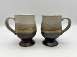 VINTAGE OTAGIRI ROUND MUGS SET OF 2 FOOTED STONEWARE JAPAN POTTERY COFFEE CUP