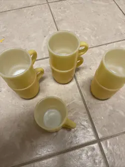 7 VINTAGE FIRE KING ANCHOR HOCKING YELLOW ON MILK GLASS STACKABLE COFFEE CUP MUG