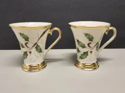 SET OF 2 VINTAGE LENOX HOLIDAY NOUVEAU GOLD COFFEE TEA MUGS MADE IN USA