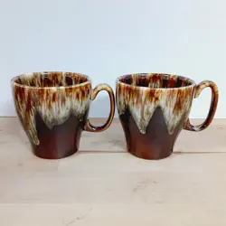 VINTAGE CANONSBURG DRIP GLAZE COFFEE TEA CUPS MUGS USA~ SET OF 2 DARK BROWN