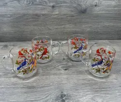 VINTAGE ARCOROC FRANCE CLEAR GLASS BIRDS MUG SET OF 4 BLUE JAY ORIOLE CARDINAL