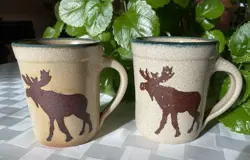 VINTAGE MONROE SALT WORKS MAINE -  (2) POTTERY MUGS- MOOSE - 12 OZ - USA