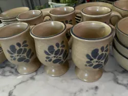 VINTAGE PFALTZGRAFF FOLK ART GRANDMUG, BLUE, TAN FOOTED COFFEE TEA MUG, SET OF 6