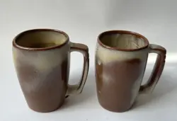 VINTAGE FRANKOMA POTTERY 5M BROWN/YELLOW COFFEE CUPS MUGS 18-OUNCE - SET OF 2