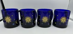 VINTAGE 90S LIBBEY COBALT BLUE GLASS MUGS CELESTIAL SUN AND MOON USA SET OF 4