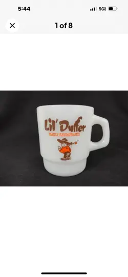 VTG LIL' DUFFER RESTAURANT MUG, ANCHOR HOCKING, MILK GLASS, STACKING STYLE
