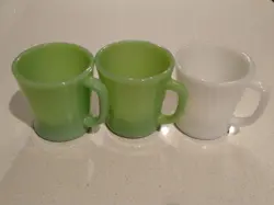 2 VINTAGE FIRE KING JADEITE MUGS AND 1 BONUS WHITE MUG D HANDLES KITSCH!