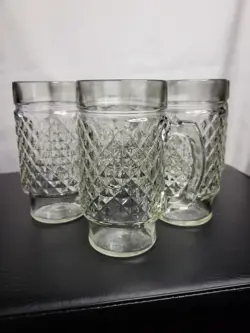 VINTAGE ANCHOR HOCKING GLASS MUGS QUILTED DIAMOND POINT PATTERN 16 OZ SET 6 