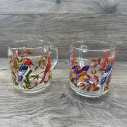 VINTAGE ARCOROC FRANCE CLEAR GLASS BIRDS MUG SET OF 2 BLUE JAY ORIOLE CARDINAL