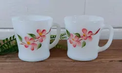 TWO FIRE KING PEACH BLOSSOM MUGS  ANCHOR HOCKING VINTAGE MILK GLASS FLOWERS MCM