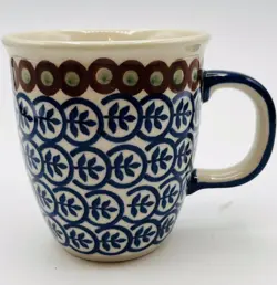 VINTAGE BOLESLAWIEC POLISH POTTERY COFFEE TEA MUG RARE BLUE LEAF DESIGN